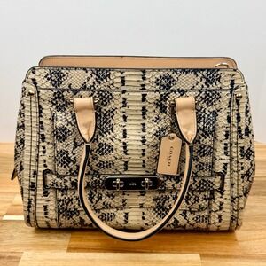Coach Swagger Exotic Python Snake Leather Satchel Handbag Beige Black Gold Purse